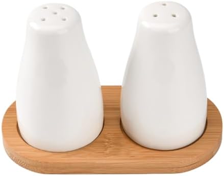 White Ceramic Salt Pepper Shakers with Bamboo Tray
