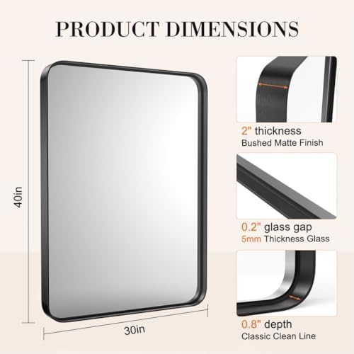 HOMEE 40x30 Inch Black Bathroom Mirror