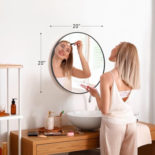 20 Inch Round Wall Mirror with Aluminum Frame and Shatterproof Back Black