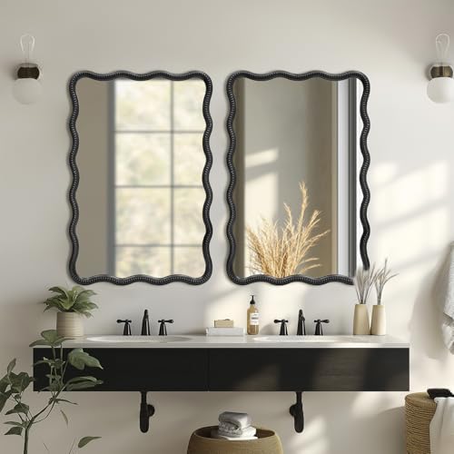 AIXI HOME Wavy Wood Bathroom Mirror with Black Frame