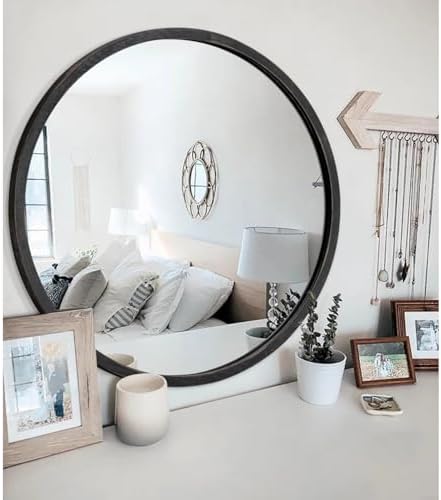 JJUUYOU 20 Inch Round Black Wall Mirror with Wooden Frame