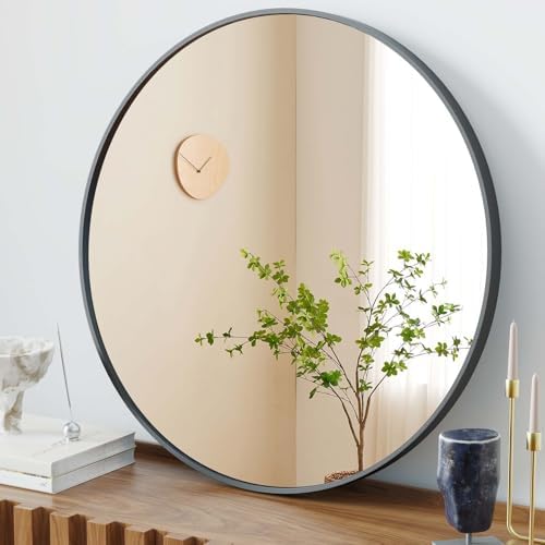 24 Inch Black Round Bathroom Mirror with Metal Frame