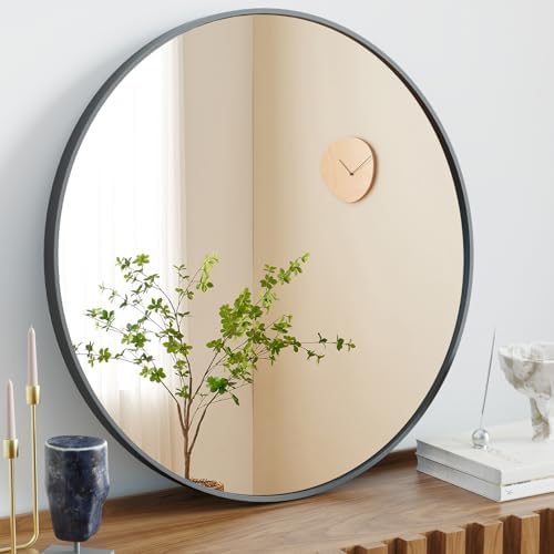 20 Inch Round Wall Mirror with Aluminum Frame and Shatterproof Back Black