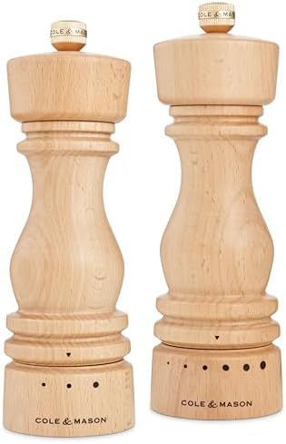 Cole Mason London Salt Pepper Mill Set - 7 Adjustable Spice Shakers with Beech Wood Design