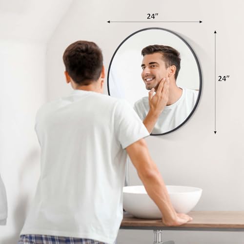 24 Inch Black Round Bathroom Mirror with Metal Frame
