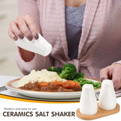White Ceramic Salt Pepper Shakers with Bamboo Tray