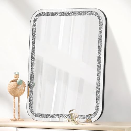 Crystal Rectangular Frameless Wall Mirror 20x16 Inch Silver Diamond Design