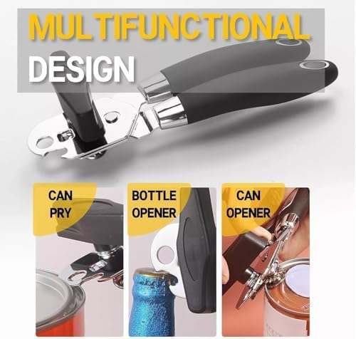 Manual Can Opener with Smooth Edge Blade and Bottle Opener Black