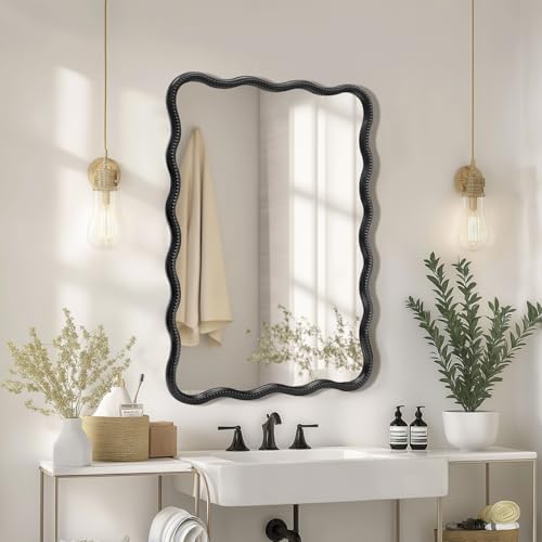 AIXI HOME Wavy Wood Bathroom Mirror with Black Frame