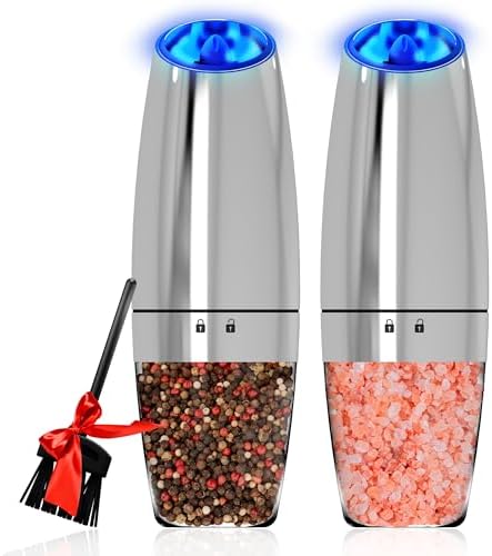 Electric Salt and Pepper Grinder Set of 2 - Stainless Steel with LED Light and Battery