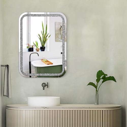 Crystal Rectangular Frameless Wall Mirror 20x16 Inch Silver Diamond Design