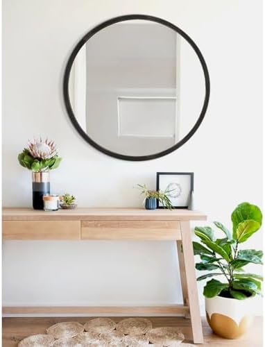 JJUUYOU 20 Inch Round Black Wall Mirror with Wooden Frame