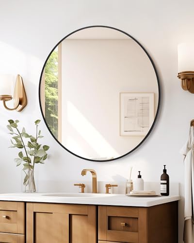 20 Inch Black Round Wall Mirror for Bathroom and Entryway