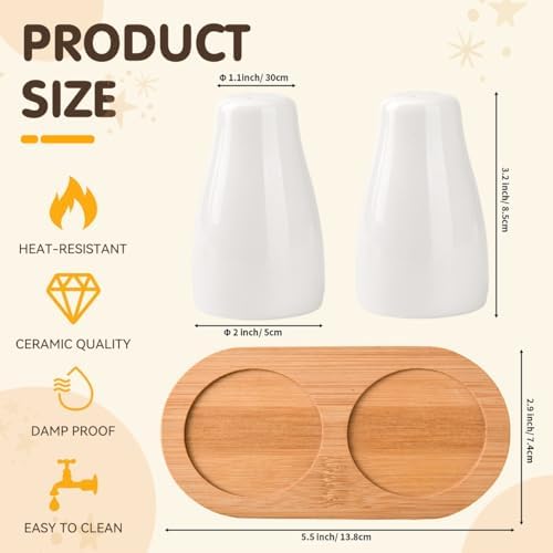 White Ceramic Salt Pepper Shakers with Bamboo Tray