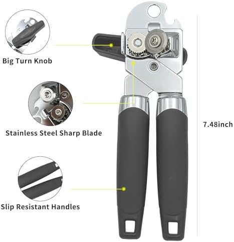 Safring Manual Can Opener with Bottle Opener Heavy Duty Stainless Steel Comfortable Handle Gray