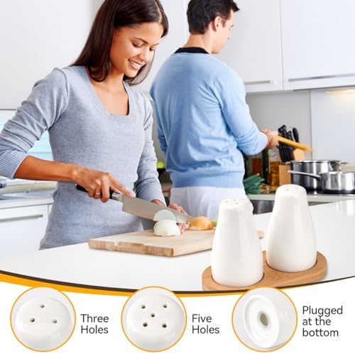White Ceramic Salt Pepper Shakers with Bamboo Tray