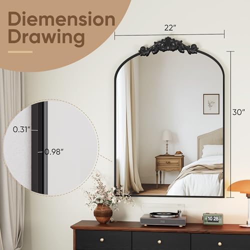 Vintage Wall Mirror 22x30 Inch Arched Decorative Mirror with Black Carved Metal Frame