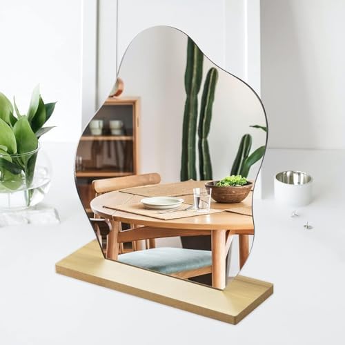 Irregular Cloud Shape Mirror with Wooden Stand