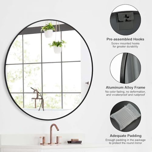 24 Inch Black Round Bathroom Mirror with Metal Frame