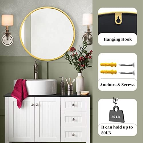 Gold Round Mirror 24 Inches Matte Metal Frame Wall Decor