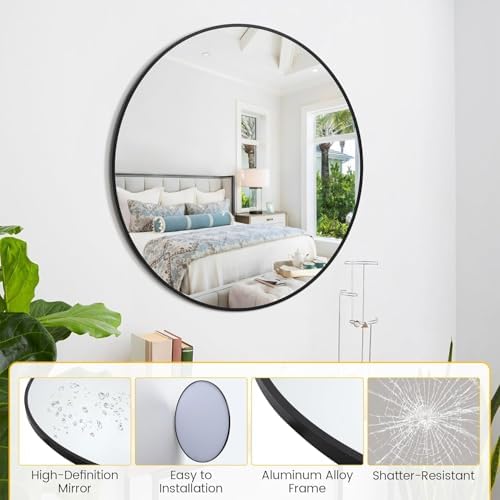 GAOMON 30 Inch Modern Round Wall Mirror with Sleek Black Metal Frame