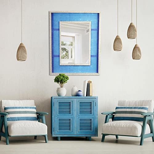 Head West Blue Linear Print Distressed White Raised Lip Double Framed Mirror 1
