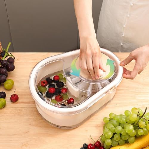 Efficient Manual Fruit Cleaner with Brush and Spinning Basket White