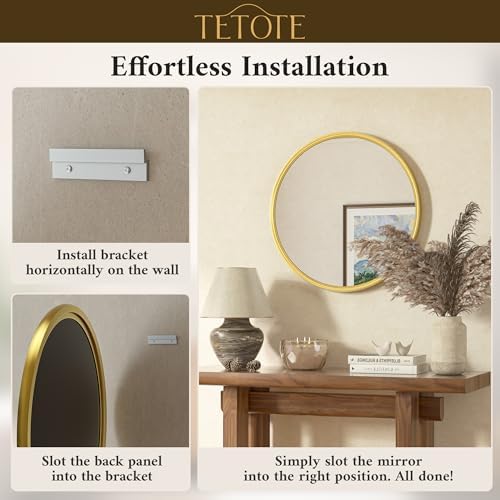 TETOTE 30 Inch Round Brushed Gold Mirror with Metal Frame