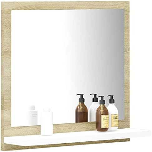 Wall Mounted Bathroom Mirror with Shelf White and Sonoma Oak 1