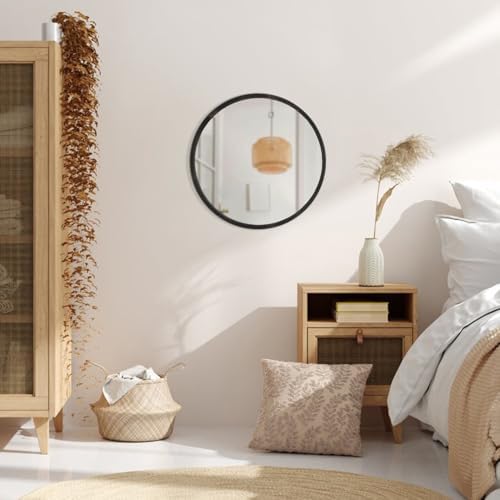JJUUYOU 20 Inch Round Black Wall Mirror with Wooden Frame