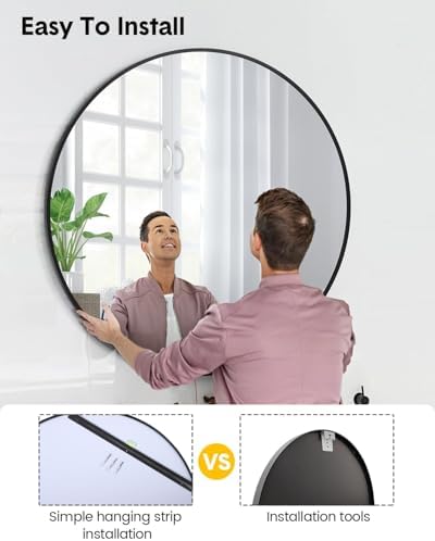18 Inch Black Round Safety Wall Mirror - Gold Frame