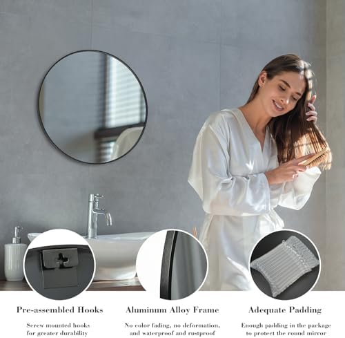 20 Inch Round Wall Mirror with Aluminum Frame and Shatterproof Back Black