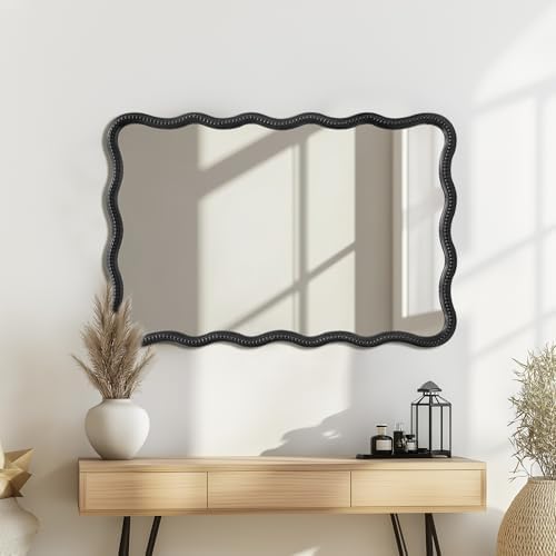 AIXI HOME Wavy Wood Bathroom Mirror with Black Frame