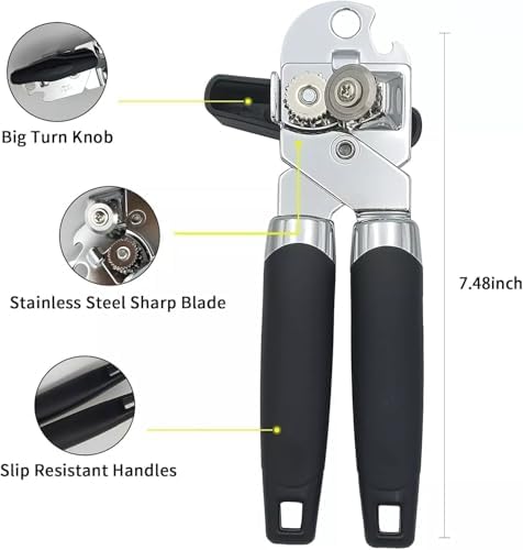 Manual Can Opener with Smooth Edge Blade and Bottle Opener Black