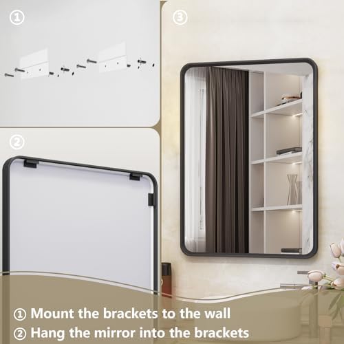 OKPAL 22x30 Inch Matte Black Bathroom Mirror with Beveled Frame