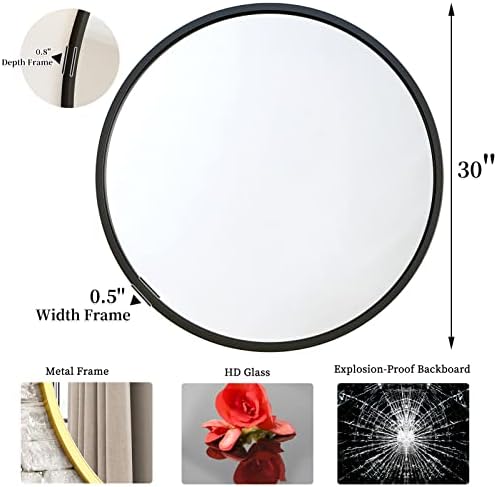 G-LEAF 30 Inch Black Round Bathroom Mirror