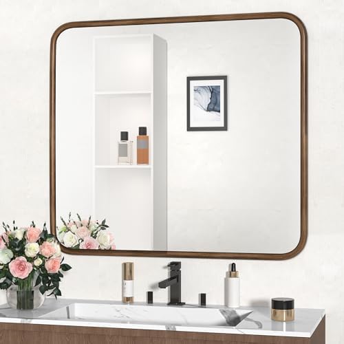 Fun Memories 40x36 Inch Farmhouse Bathroom Mirror with Wood Grain Frame