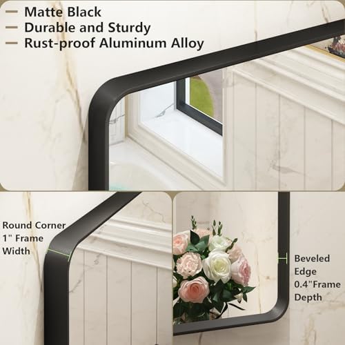 OKPAL 22x30 Inch Matte Black Bathroom Mirror with Beveled Frame