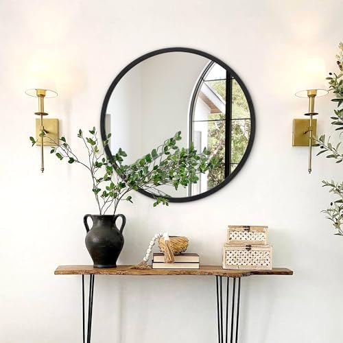 JJUUYOU 20 Inch Round Wall Mirror Black Modern Metal Frame