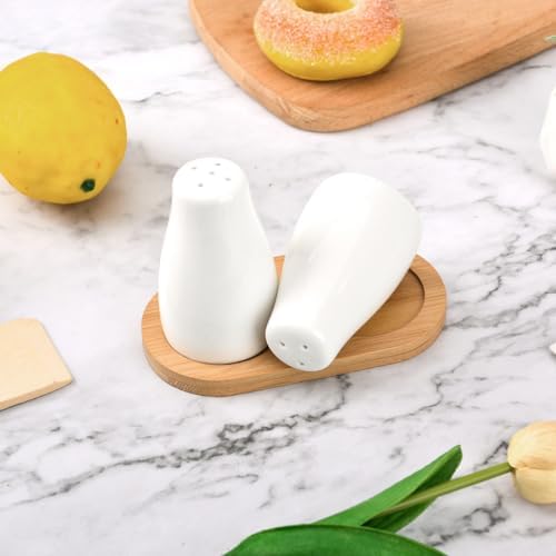 White Ceramic Salt Pepper Shakers with Bamboo Tray