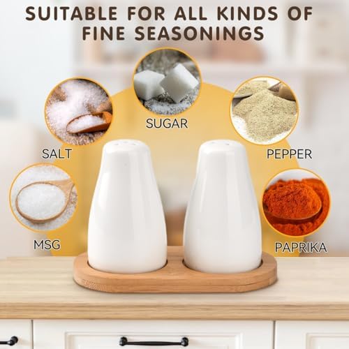 White Ceramic Salt Pepper Shakers with Bamboo Tray