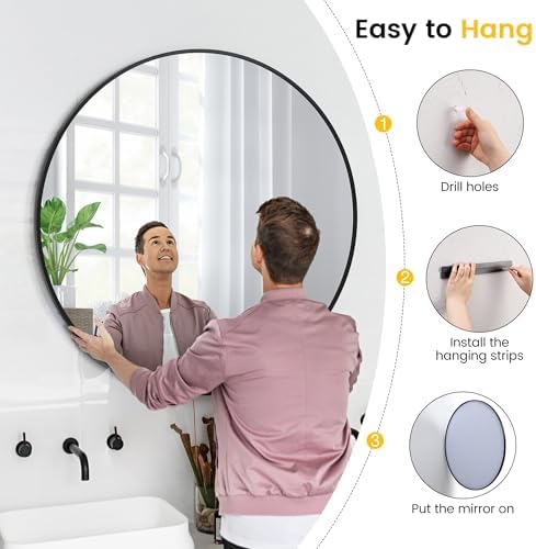 Black 20 Inch Round Mirror with Brushed Metal Frame