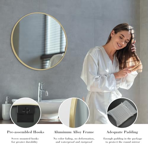 24 Inch Round Mirror with Gold Frame for Bathroom and Entryway