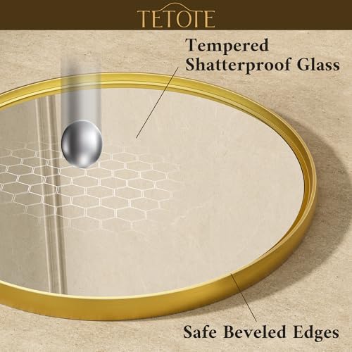 TETOTE 30 Inch Round Brushed Gold Mirror with Metal Frame
