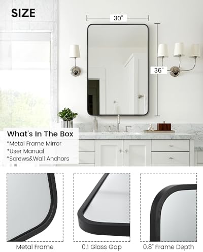 Amyove Black Metal Framed Mirror 48x30 Inch Rounded Rectangle Matte Vanity Bathroom Mirror Farmhouse