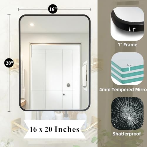 OBESTIK 16x20 Black Rectangle Bathroom Mirror with Tempered Glass Frame