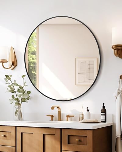 18 Inch Black Round Safety Wall Mirror - Gold Frame