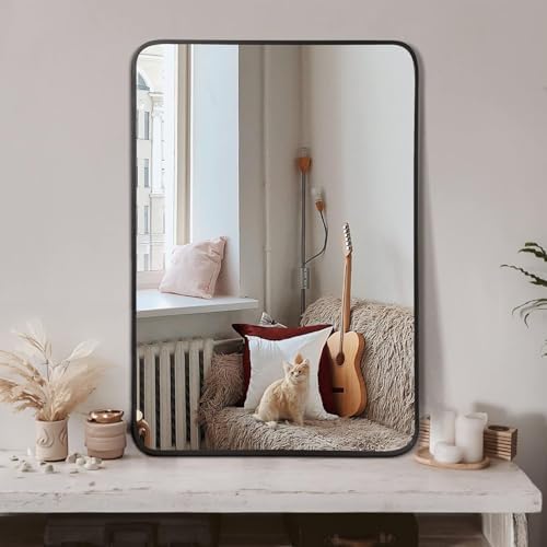 Black Bathroom Vanity Mirror 24x36 Rounded Rectangle Tempered Glass