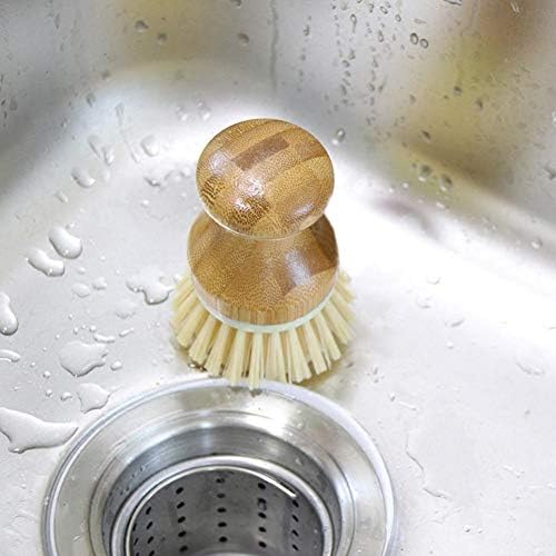 Palm Dish Brush with Bamboo Handle for Kitchen and Bathroom Cleaning