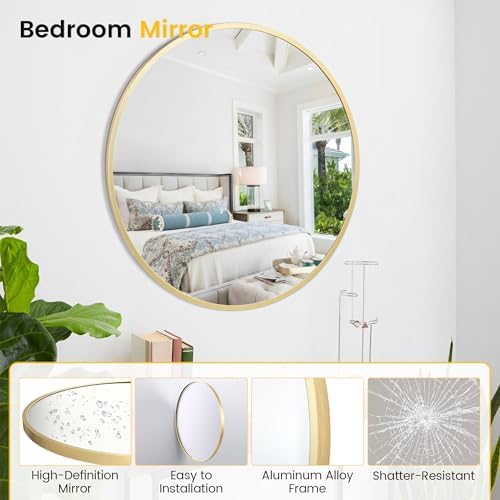Takywep 20 Inch Round Mirror with Black Aluminum Frame